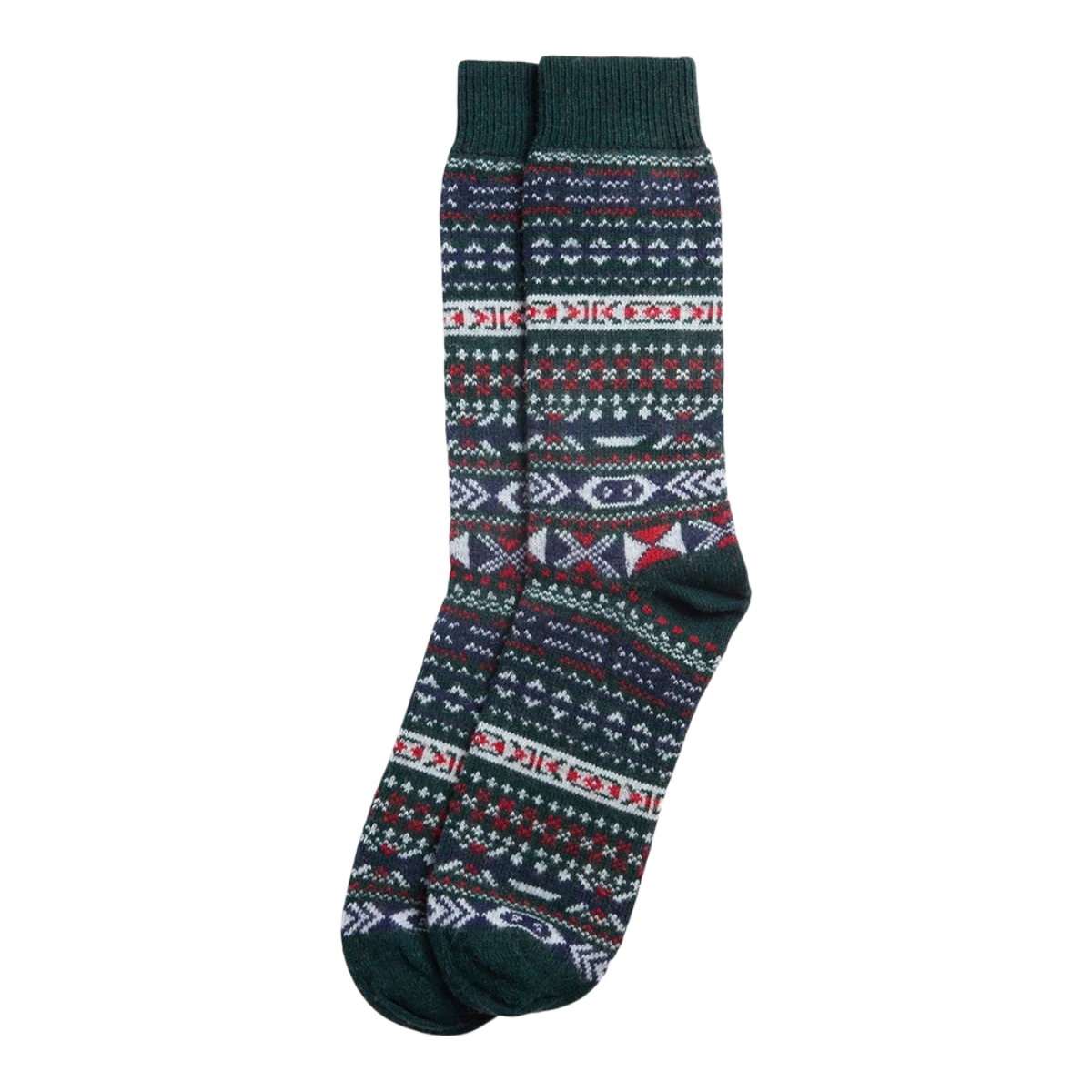 MILWORKS Boyd socks in evergreen lambswool blend with a traditional multi-coloured Fair Isle pattern