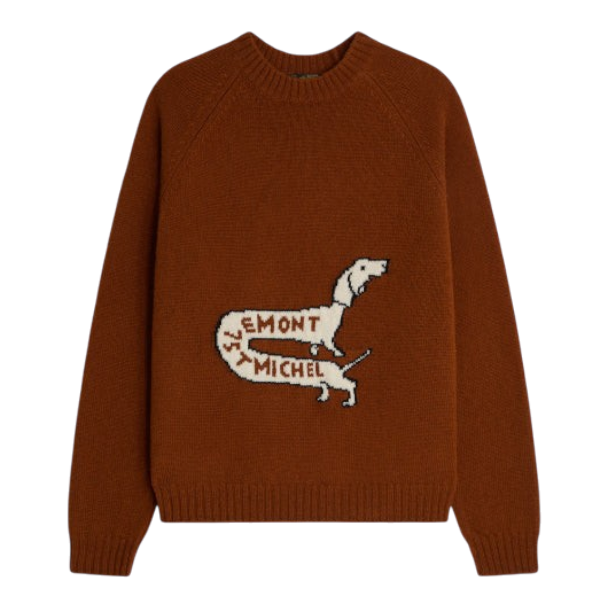 MILWORKS Le Mont St Michel brick wool sweater featuring a white intarsia dog design on the front.