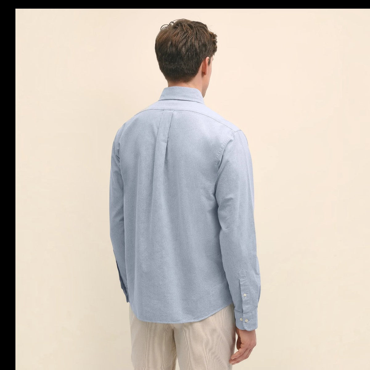 MILWORKS Brooks Brothers Friday Shirt in oxford blue with button-down collar, back view on a model