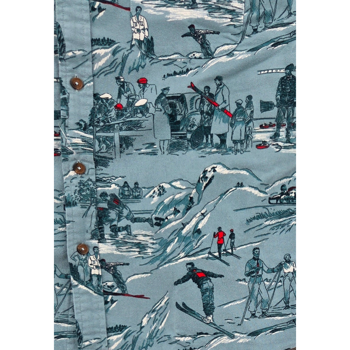 MILWORKS Friday Shirt in turquoise chamois fabric featuring a detailed vintage winter sports ski scene print