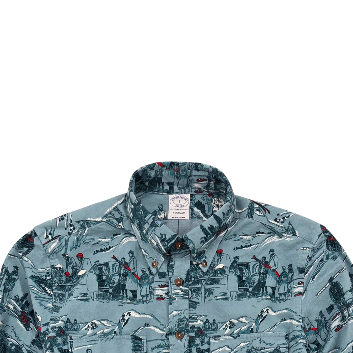 MILWORKS Brooks Brothers turquoise chamois shirt featuring a vintage winter ski resort print and button-down collar.