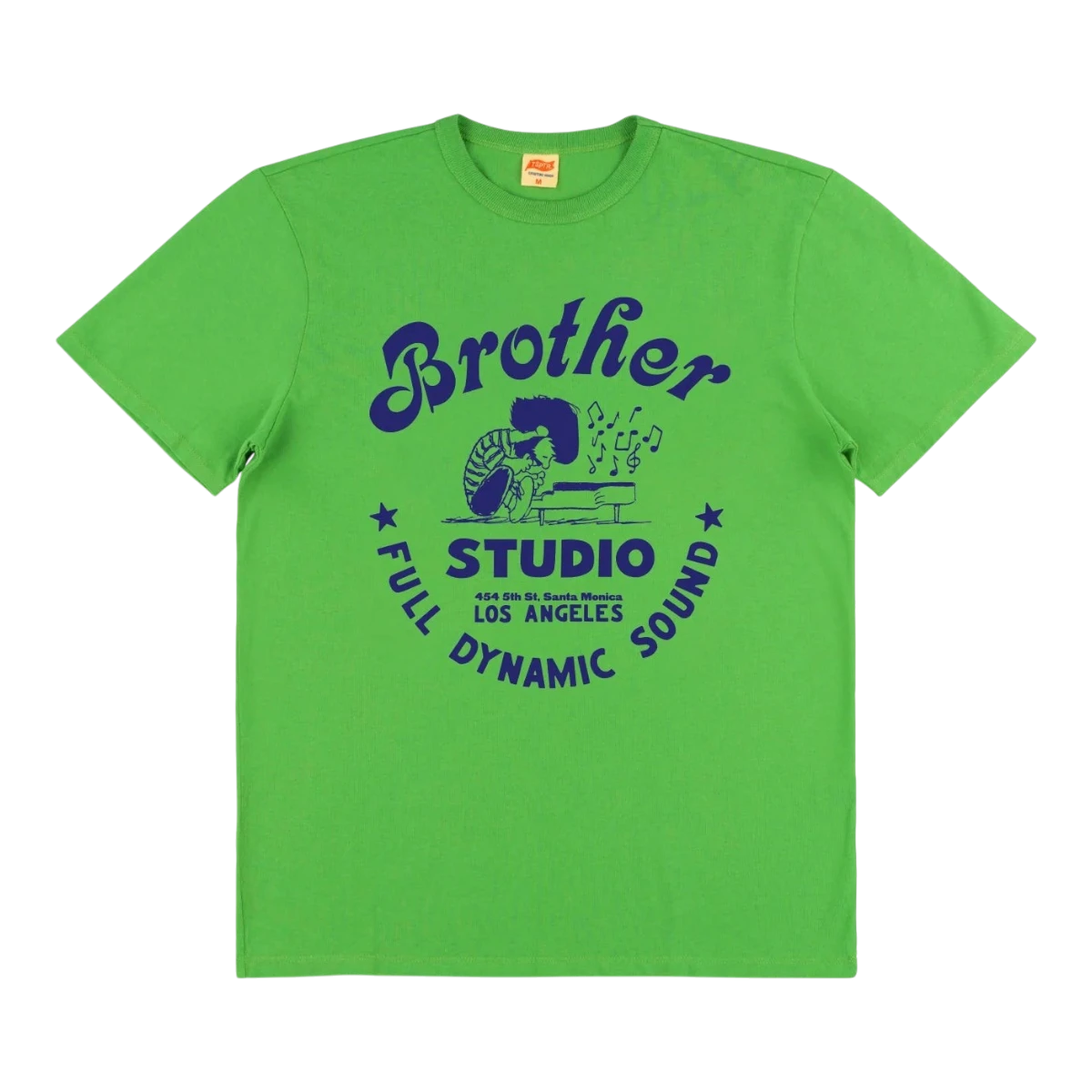 MILWORKS Brother Studios grassy green organic cotton t-shirt with blue graphic print of a musician at a piano