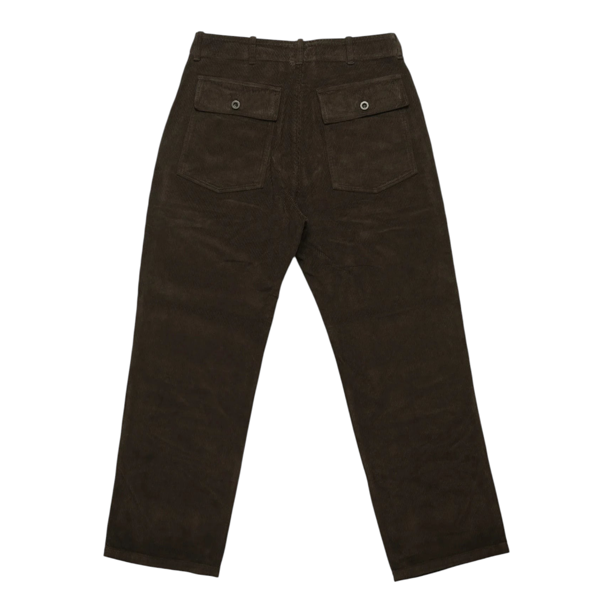 MILWORKS brown corduroy fatigue pants featuring a relaxed fit and two buttoned back pockets.