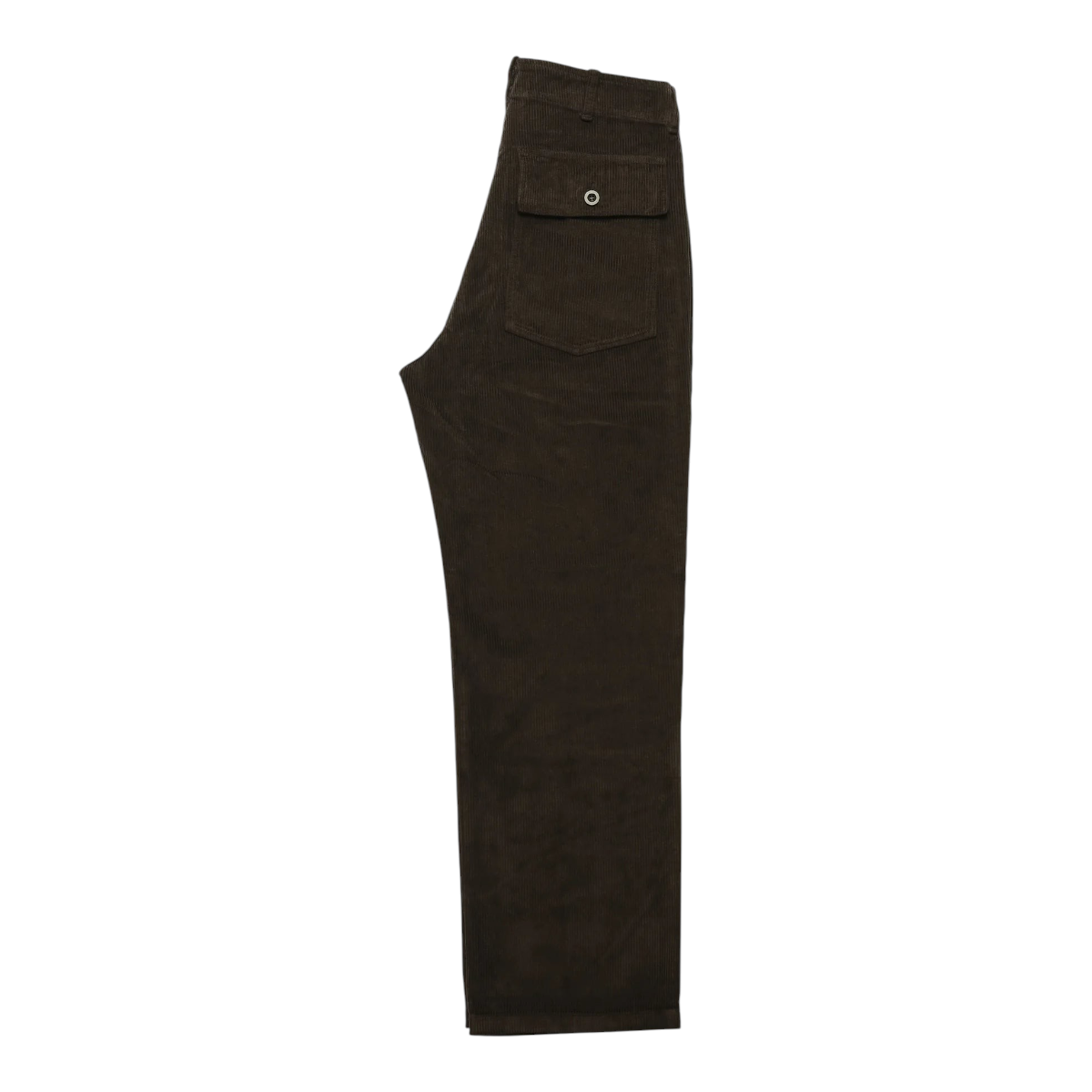 MILWORKS brown corduroy fatigue pants with a buttoned back pocket in a relaxed, tapered workwear silhouette.