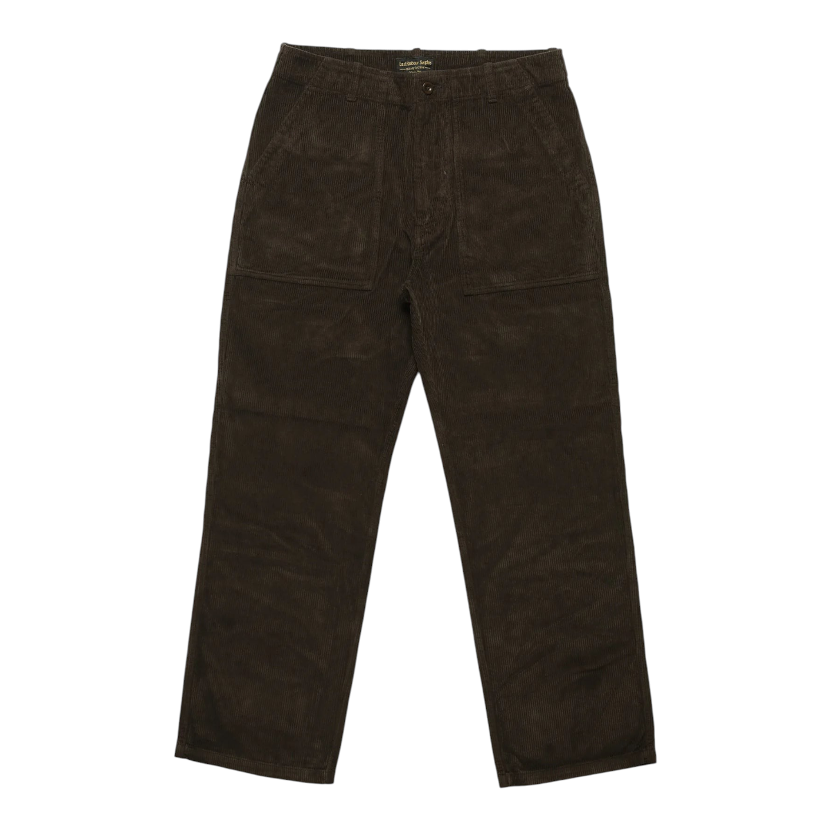 MILWORKS East Harbour Surplus brown corduroy fatigue pants with front patch pockets and a relaxed tapered fit.