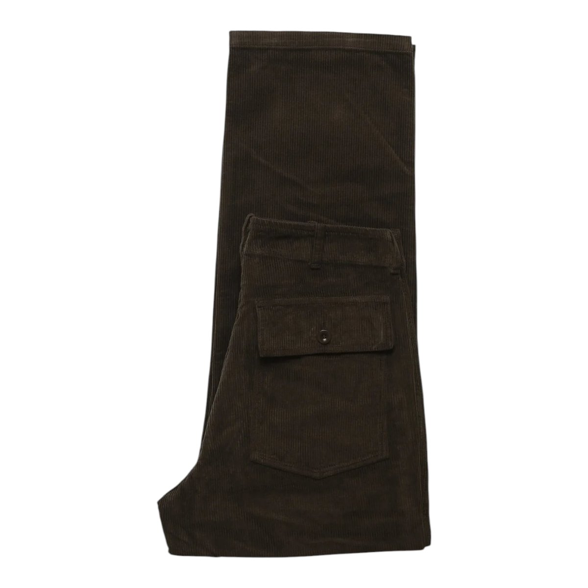 MILWORKS brown corduroy fatigue pants with a relaxed fit and buttoned back pocket, made from 100% washed cotton.