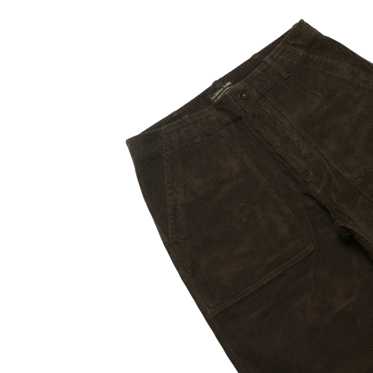 MILWORKS East Harbour Surplus brown corduroy fatigue pants featuring a relaxed fit and durable cotton construction.