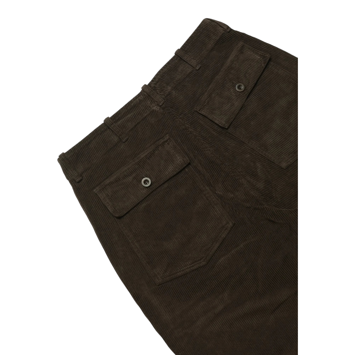 MILWORKS brown corduroy fatigue pants featuring buttoned back pockets and durable cotton construction.