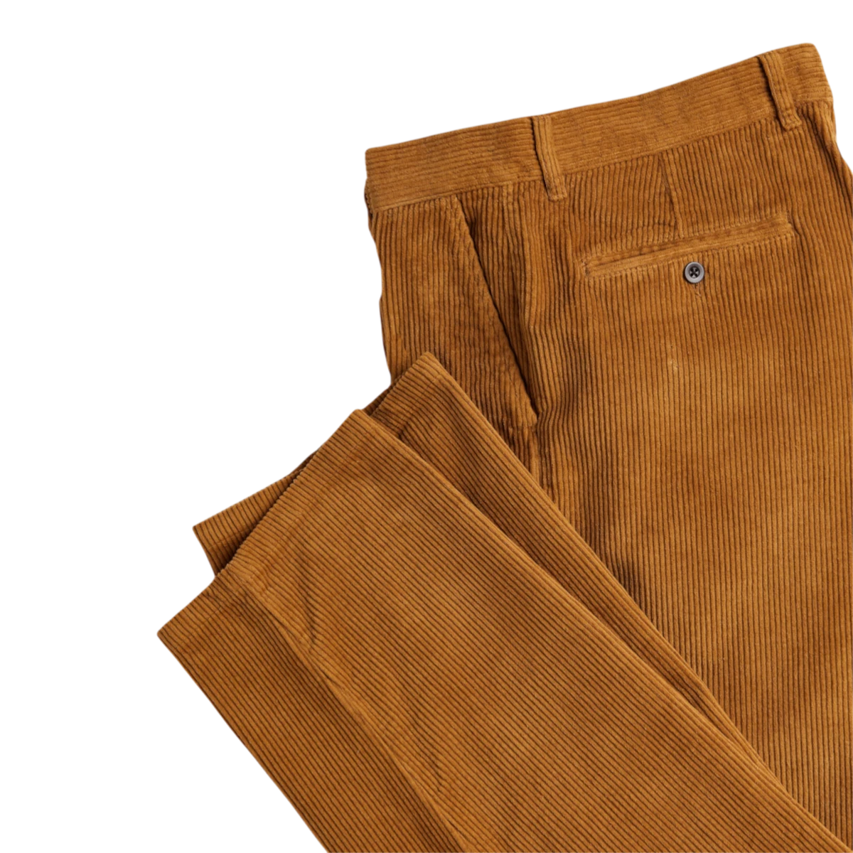MILWORKS corduroy trousers in a rich autumn brown shade featuring a single pleat and recycled polyester button