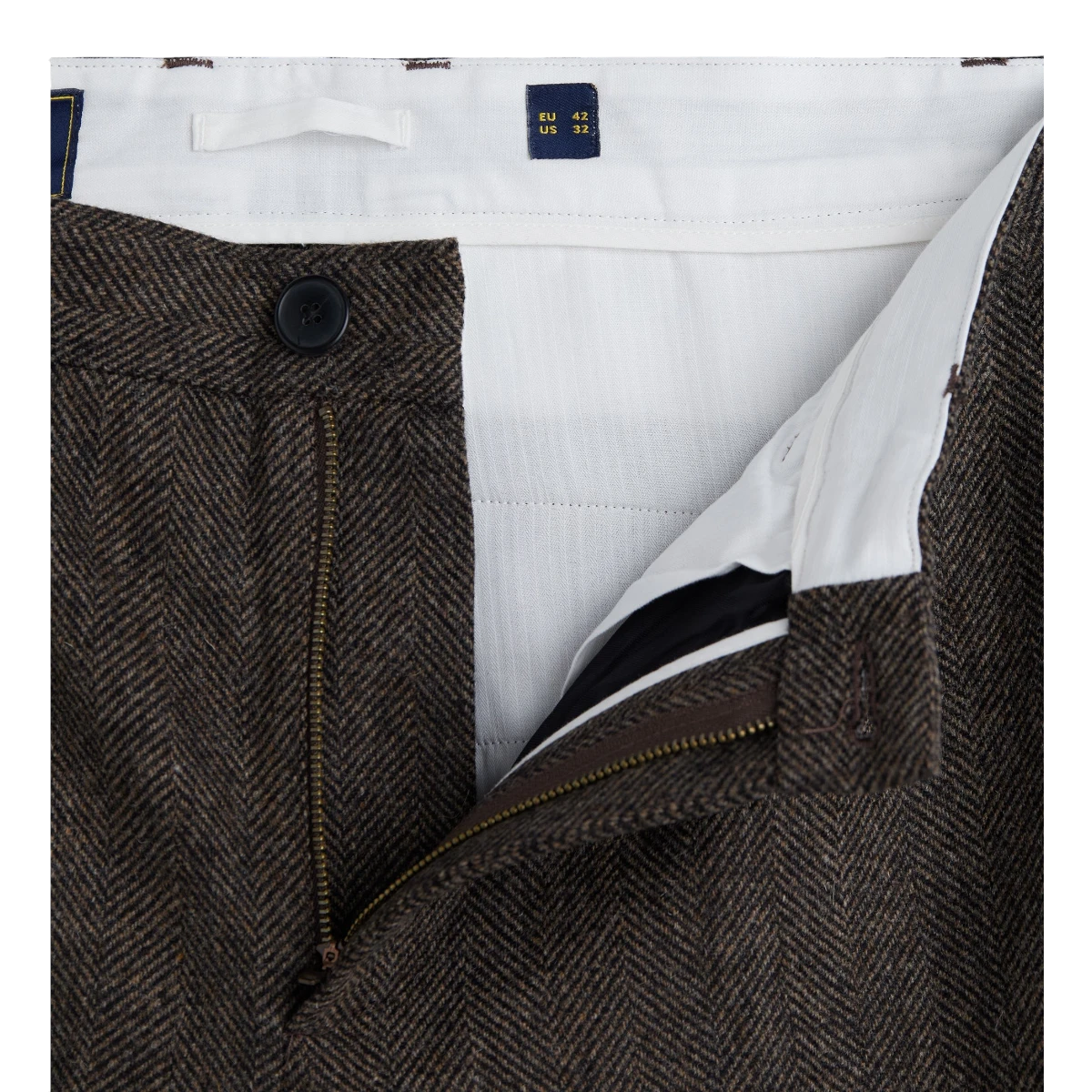 MILWORKS brown herringbone virgin wool trousers with a single pleat and recycled polyester button closure