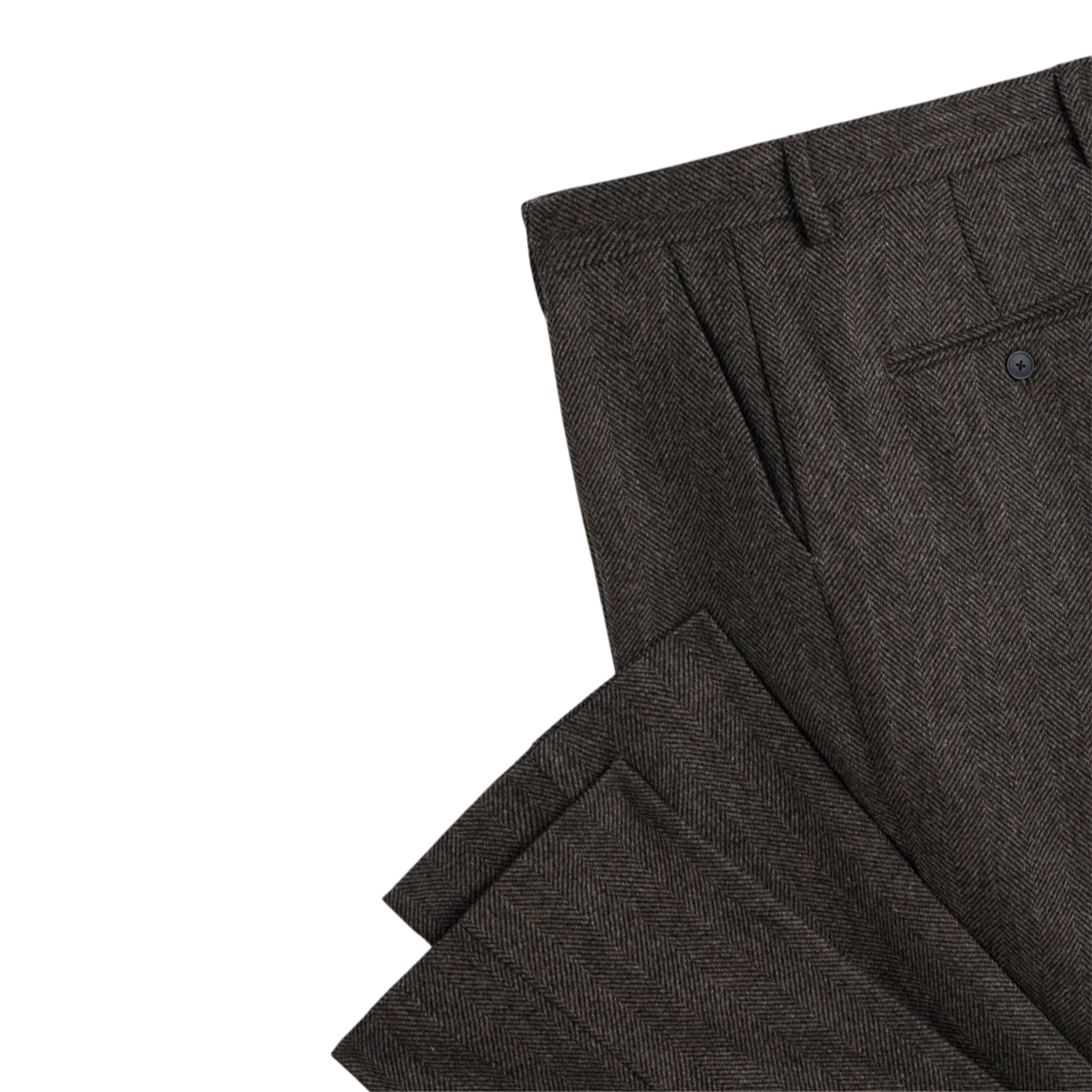 MILWORKS brown herringbone virgin wool single pleat trousers with recycled polyester buttons