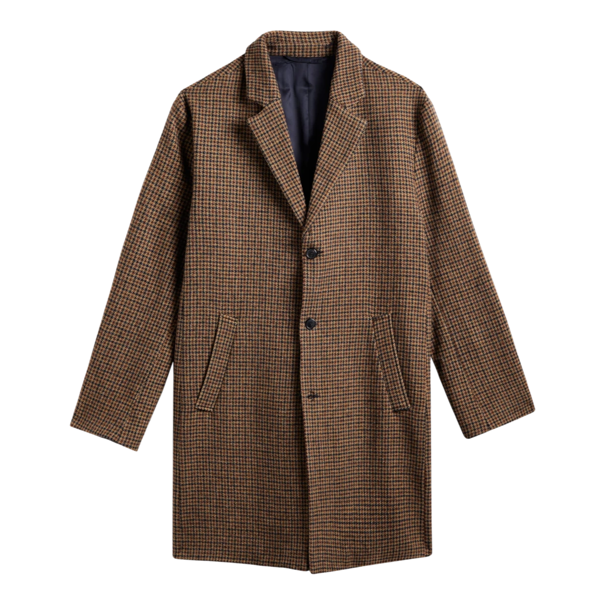 MILWORKS brown houndstooth overcoat featuring a classic notched lapel, button front closure, and side pockets.