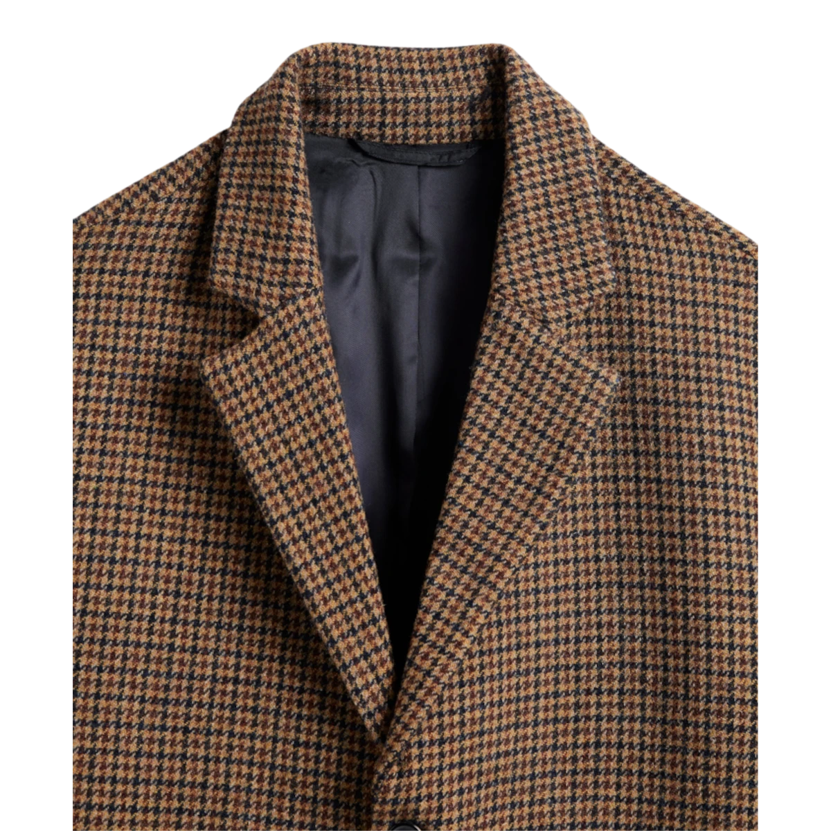 MILWORKS Portuguese Flannel overcoat in a brown and black houndstooth pattern with a classic notched lapel collar.