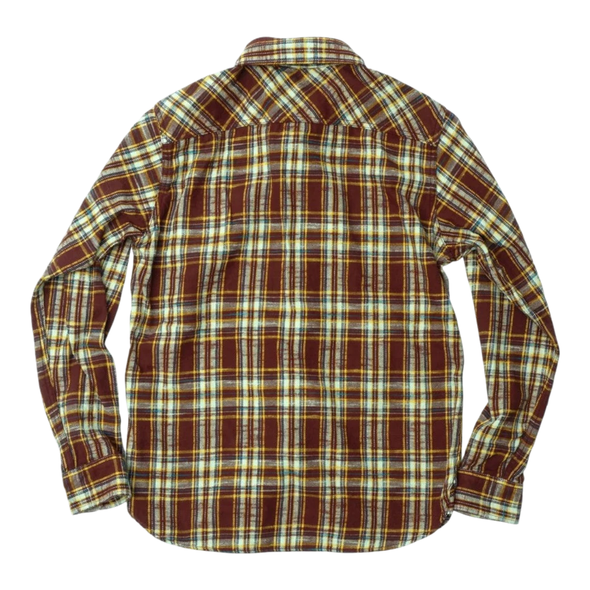 MILWORKS brown slub heavy flannel shirt with a small check pattern, viewed from the back.