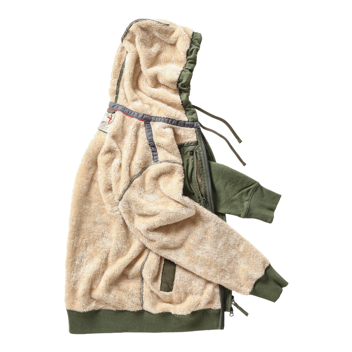 Milworks loden green superfleece hoodie with a soft cream-colored sherpa lining and two-way front zipper.