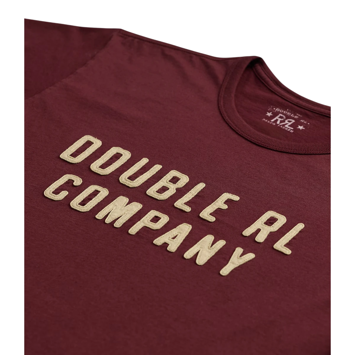 MILWORKS vintage burgundy cotton jersey t-shirt with cream felt Double RL Company appliqué logo and crewneck