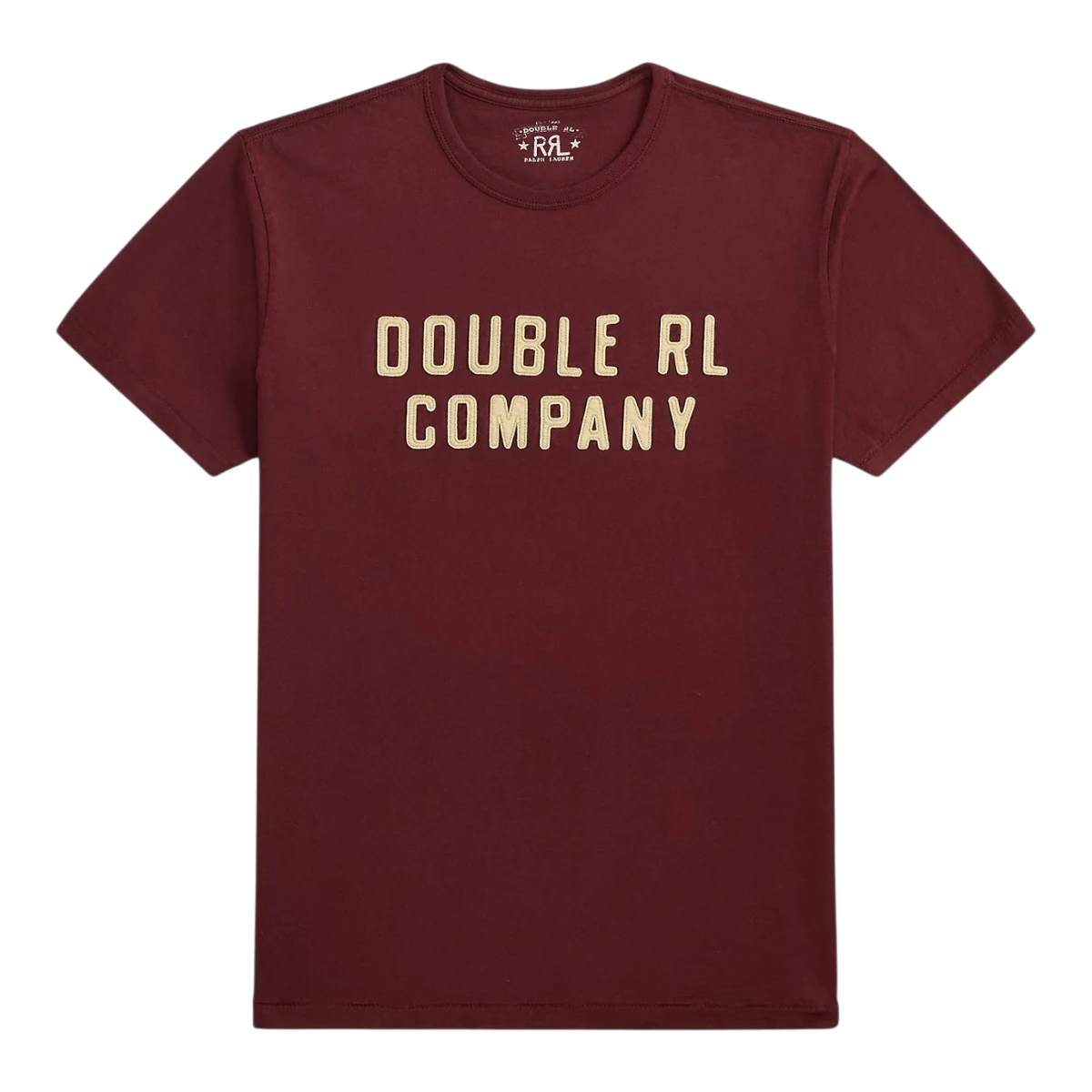 MILWORKS vintage burgundy cotton jersey t-shirt with felt Double RL Company appliqué logo and crewneck design.