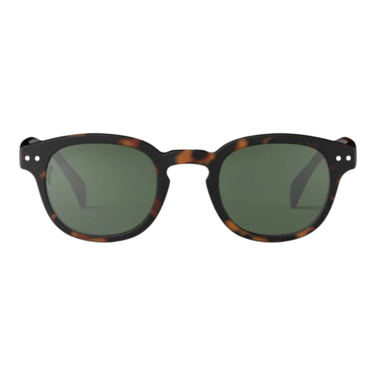 MILWORKS #C retro sunglasses in tortoise shell frame with green polarized lenses and laser-engraved signature