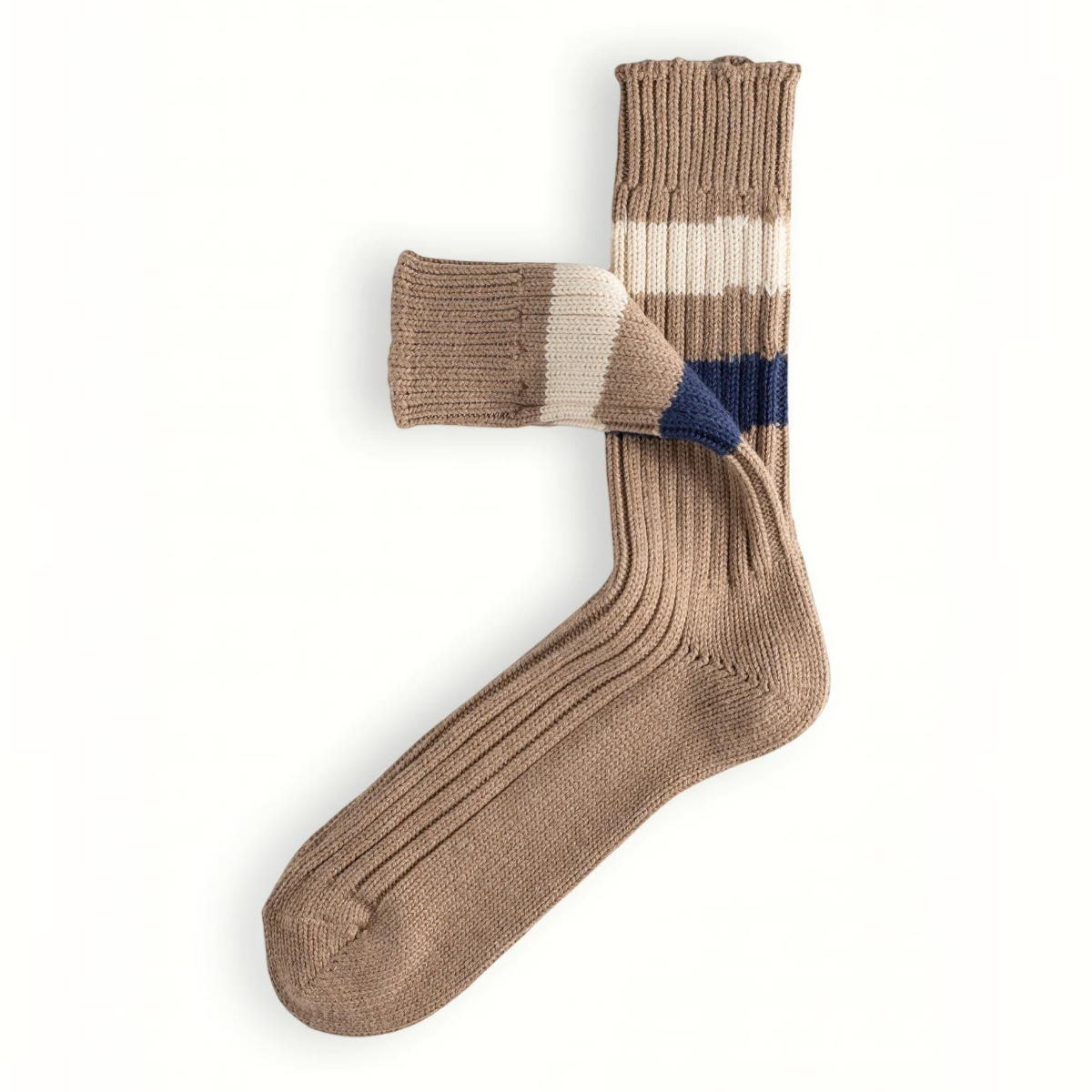 MILWORKS Urban collection camel cotton socks with ribbed texture and white and navy contrast stripes on the leg.