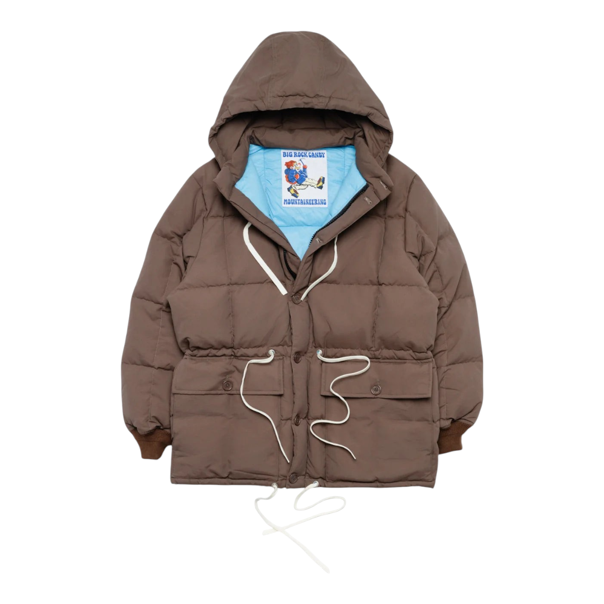 MILWORKS Arctic Parka in cappuccino brown with a light blue lining, hood, drawstring waist, and buttoned pockets.