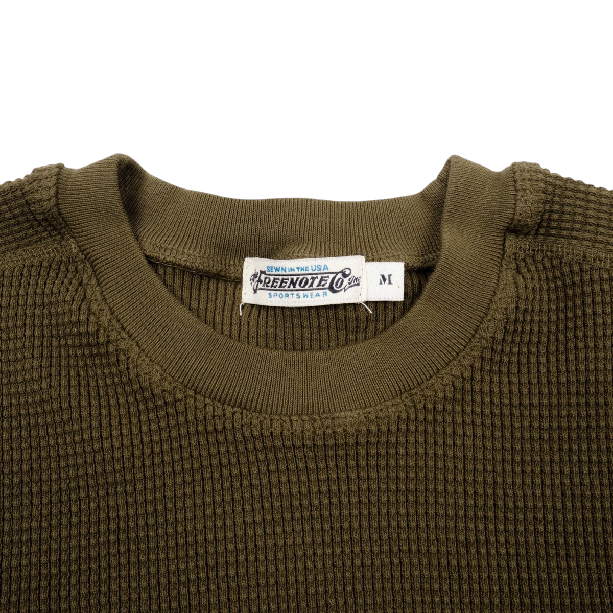 MILWORKS Thermal Long Sleeve Cedar in 15 ounce waffle knit cotton with ribbed crew neck and Freenote Cloth label