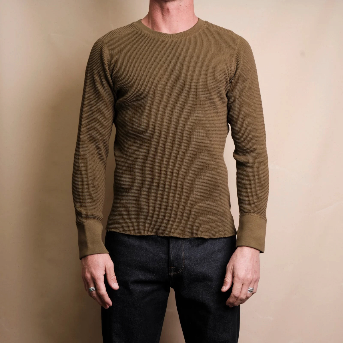 MILWORKS Thermal Long Sleeve Cedar shirt in 15 ounce waffle knit cotton with a crew neck and ribbed cuffs