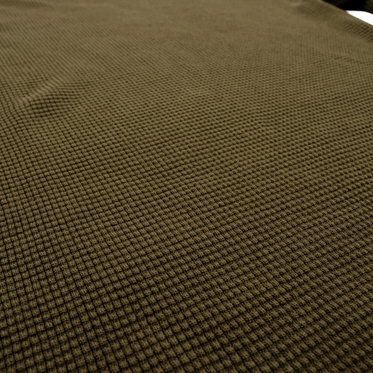 MILWORKS Thermal Long Sleeve in Cedar, featuring a heavy 15 ounce waffle knit 100% cotton texture in olive green.