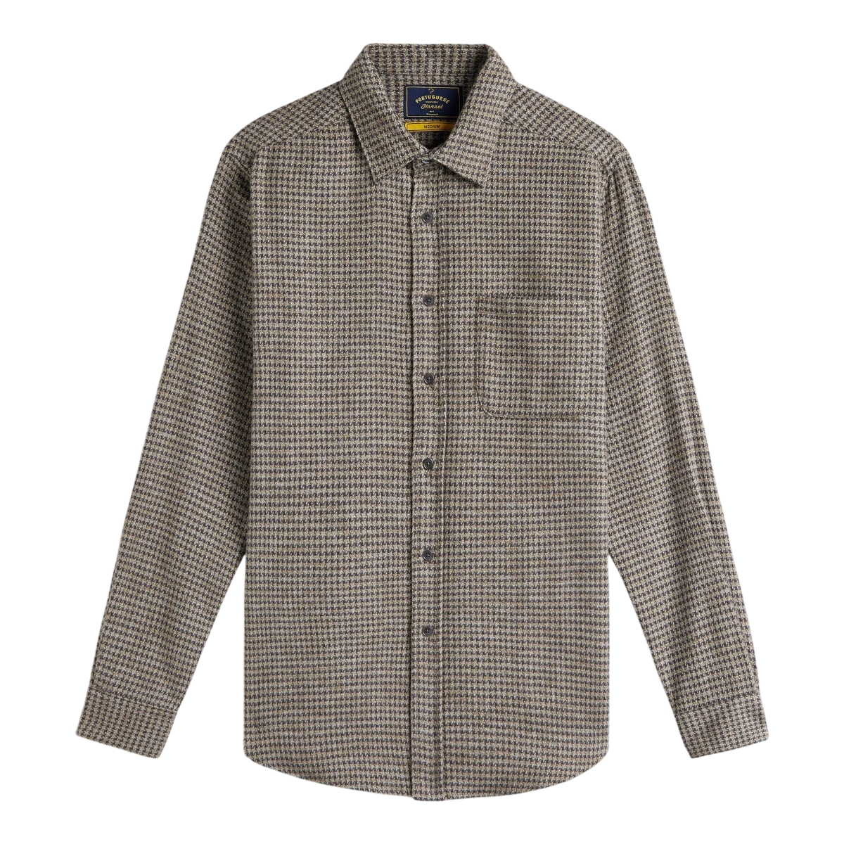MILWORKS Portuguese Flannel charcoal houndstooth long sleeve shirt in 100% cotton with mother of pearl buttons