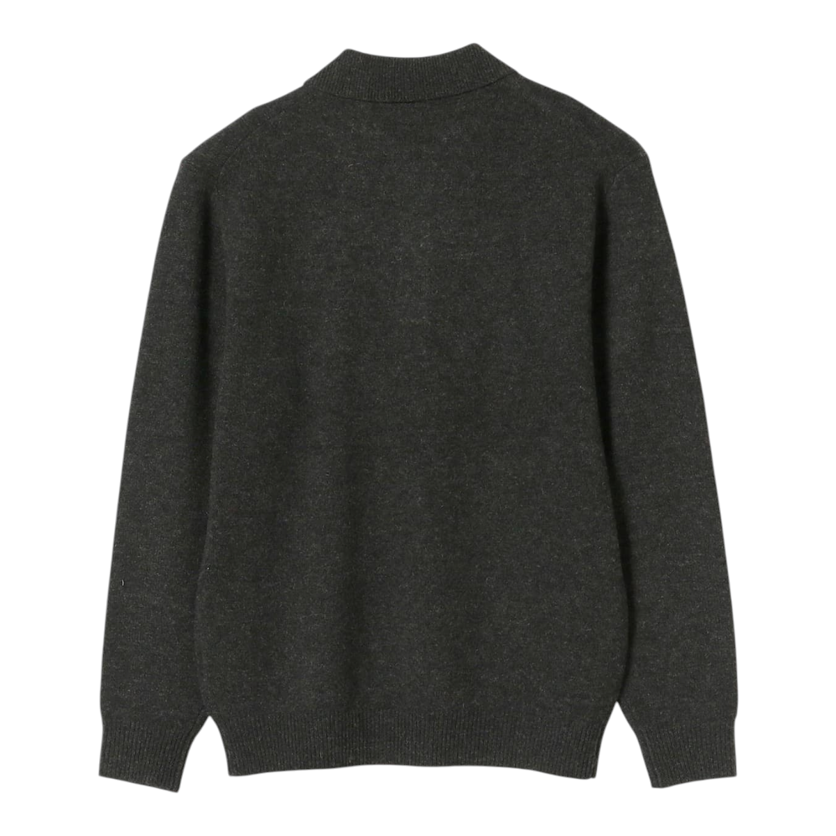 Back view of a MILWORKS charcoal grey 9-gauge wool knit polo shirt with long sleeves and ribbed cuffs.
