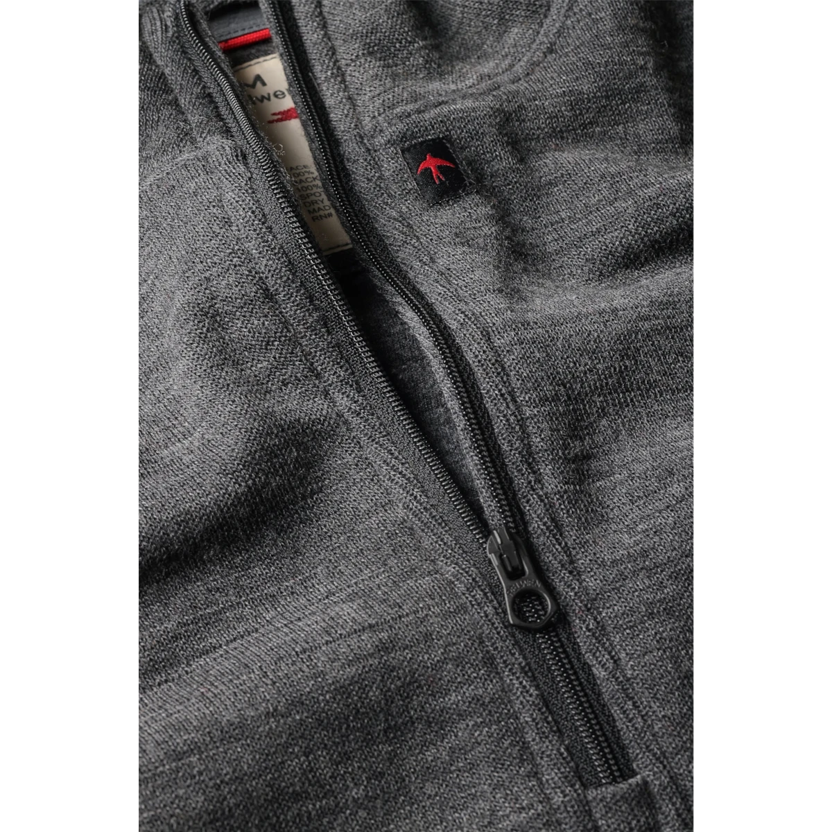 MILWORKS Relwen charcoal wool cotton quarter zip sweater featuring a black zipper and signature red bird logo patch.