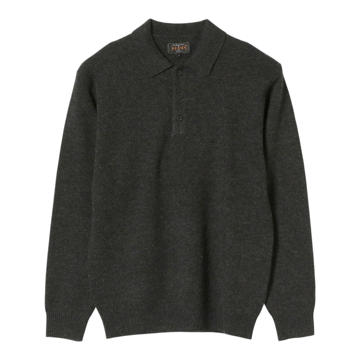 MILWORKS BEAMS PLUS charcoal grey 9-gauge wool knit polo shirt with a three-button collar design.