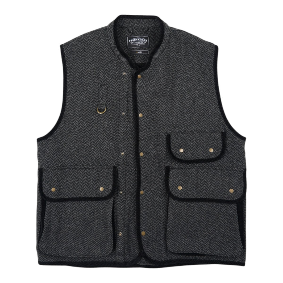 MILWORKS chestnut black herringbone wool hunting vest with multiple utility pockets and snap button closure.