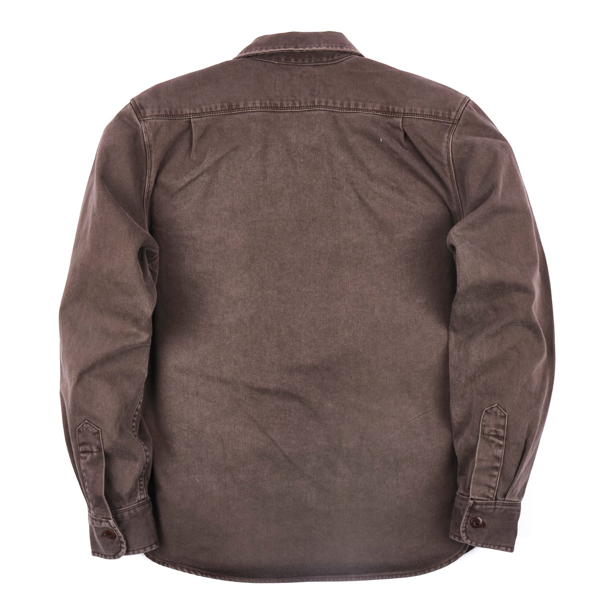 Back view of MILWORKS chocolate brown utility shirt in Japanese sateen twill cotton with double needle stitching