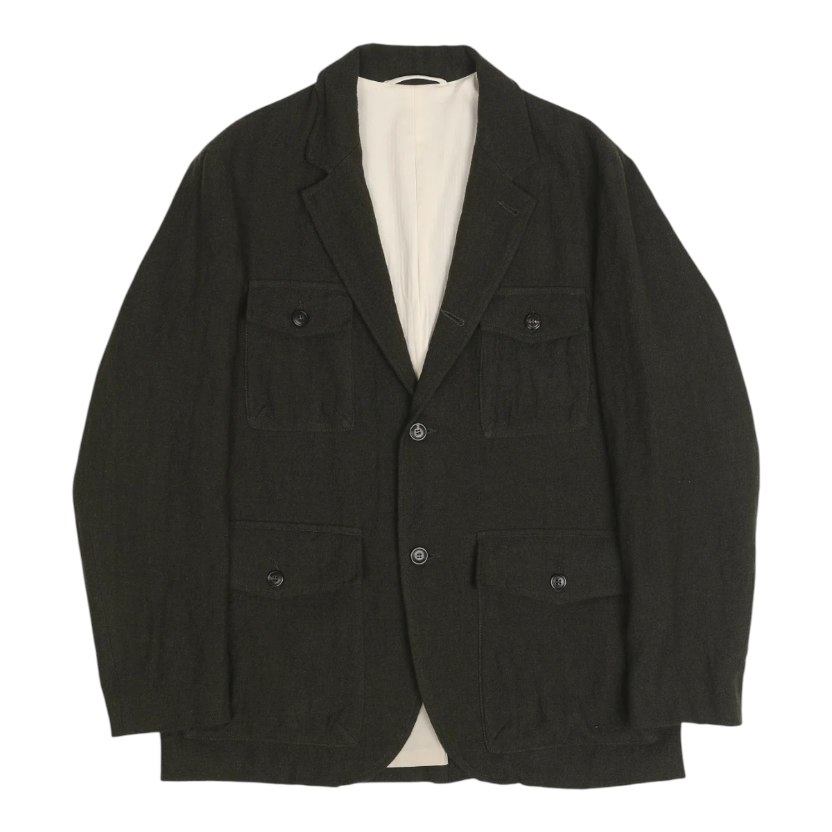 MILWORKS Clarence green wool-linen blend sports jacket with four front patch pockets and horn buttons.