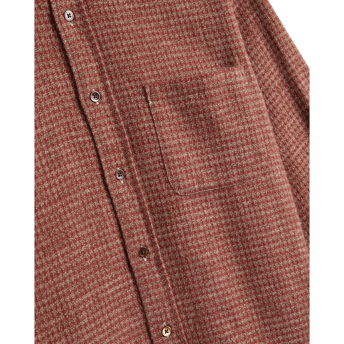 MILWORKS Portuguese Flannel shirt in clay red with an abstract houndstooth pattern and mother of pearl buttons