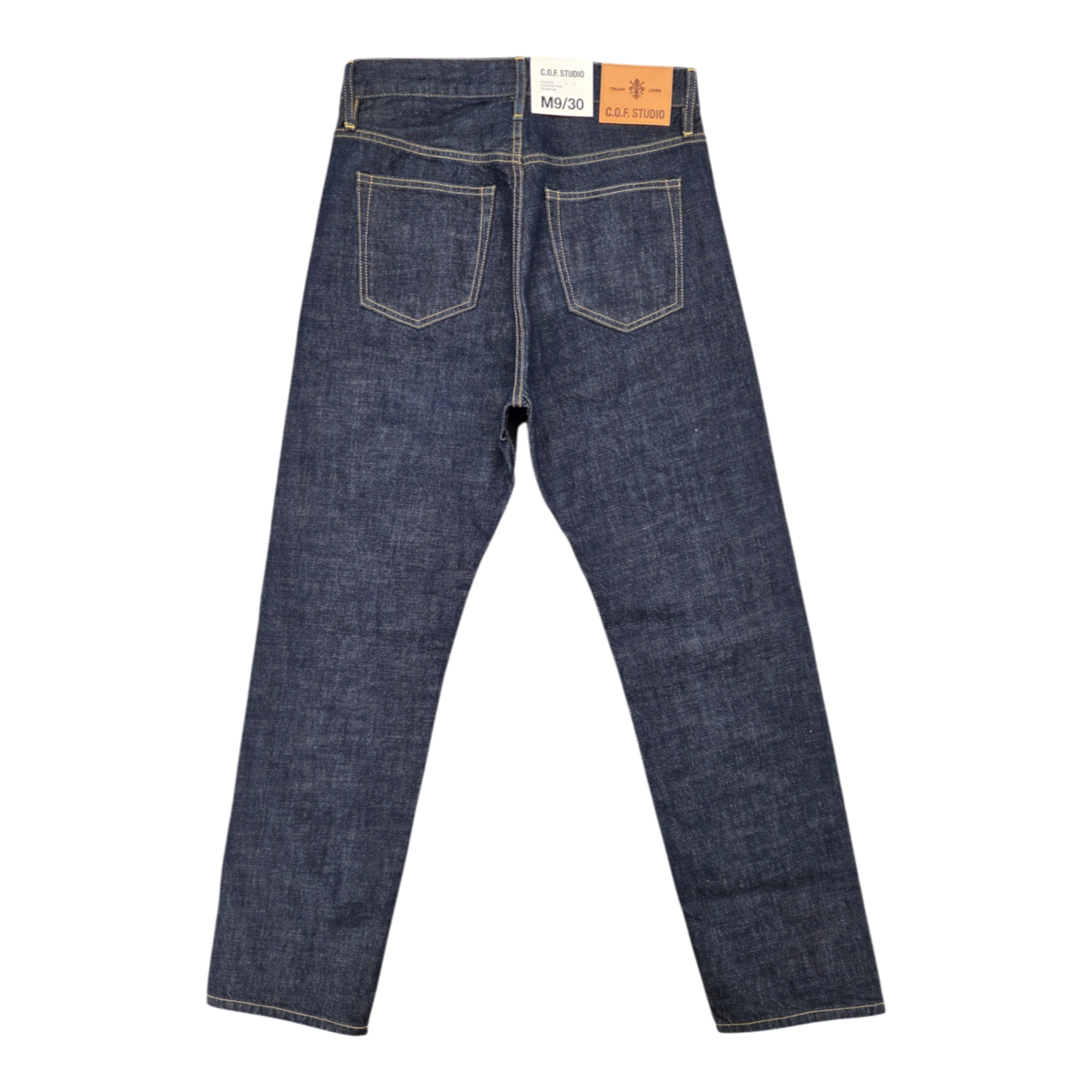 MILWORKS COF Studio M9 relaxed fit indigo selvedge denim jeans, back view with leather patch