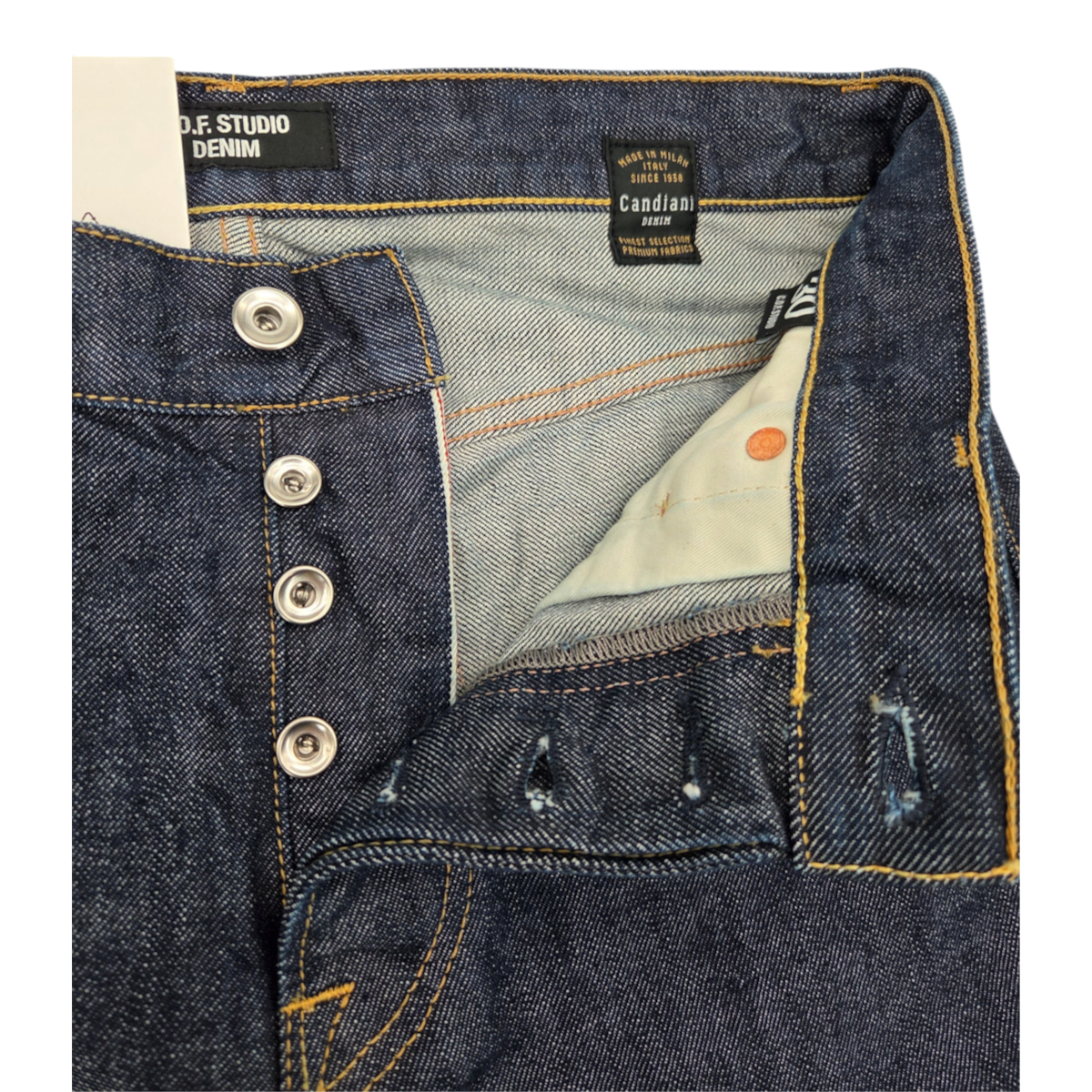 MILWORKS COF Studio M9 relaxed indigo selvedge jeans featuring a button fly and premium Candiani denim fabric