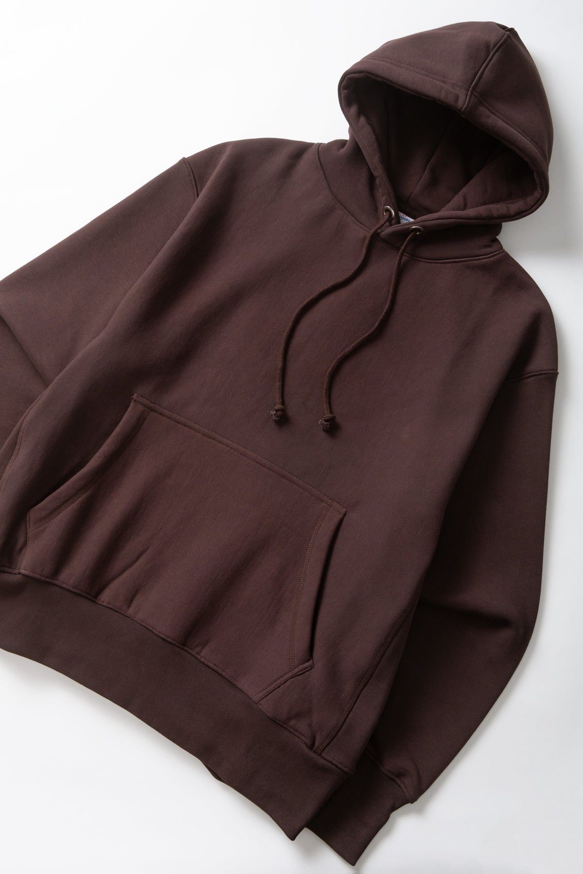 MILWORKS coffee brown 16oz organic cotton heavyweight hoodie with drawstring hood and front kangaroo pocket.
