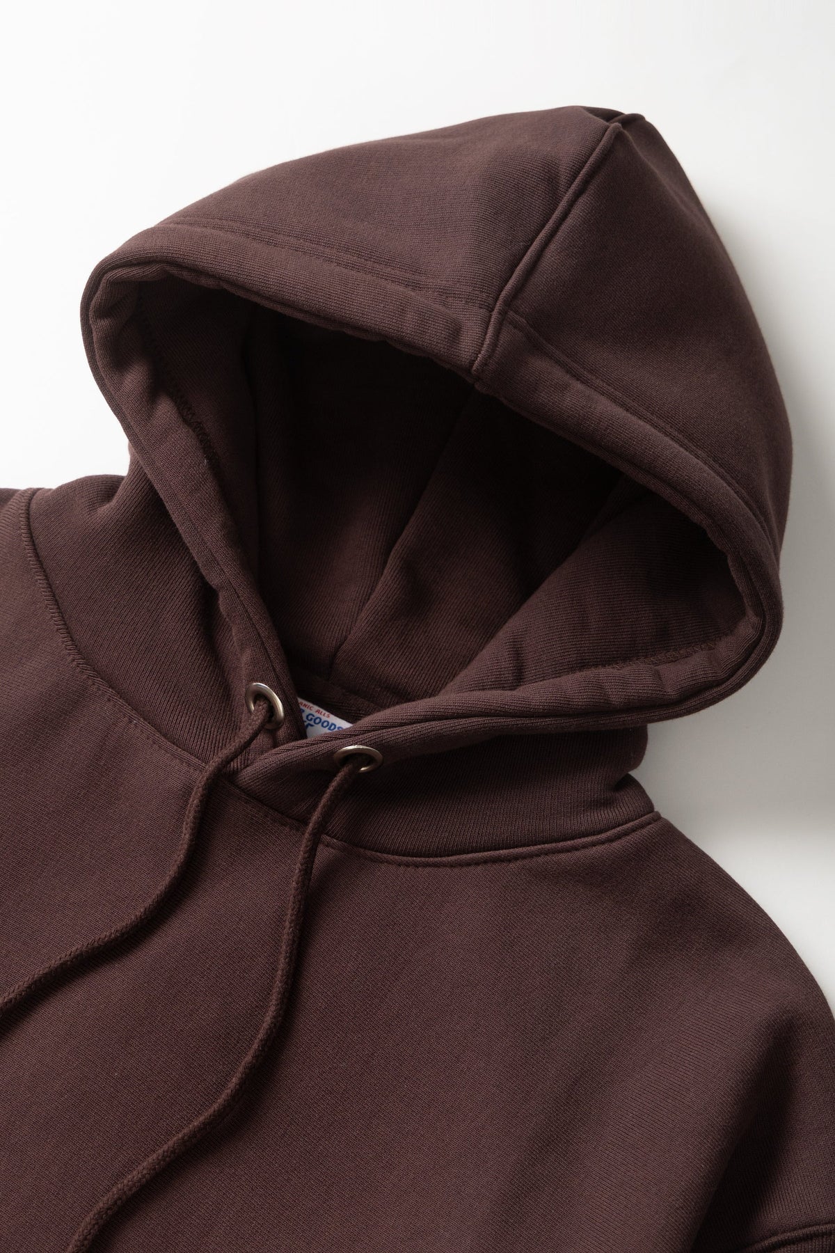 MILWORKS coffee brown 16oz organic cotton heavyweight hoodie with an adjustable drawstring hood and structured fit.