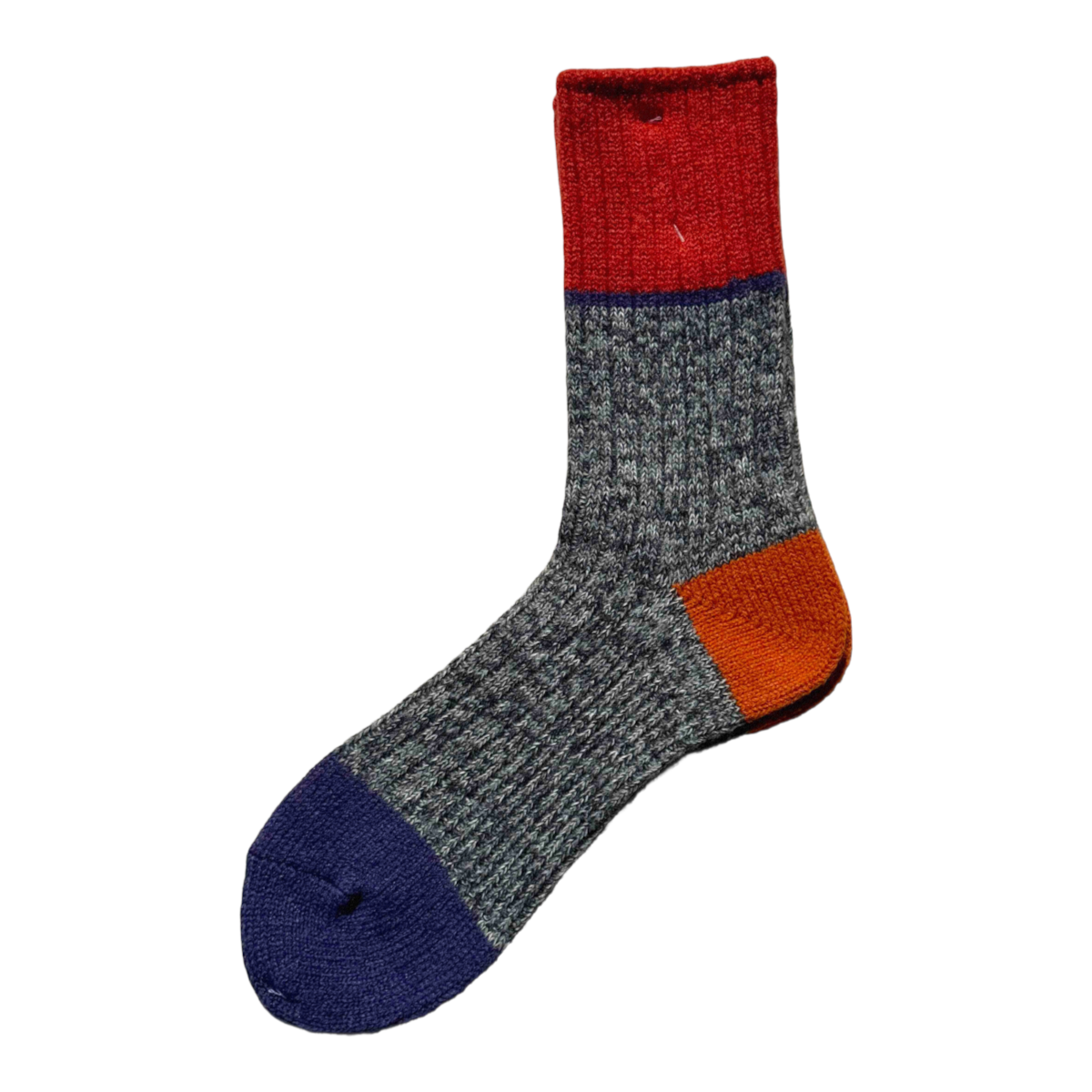 MILWORKS A Hope Hemp thick cotton hemp blend socks featuring a grey marl knit with red, orange, and blue accents.