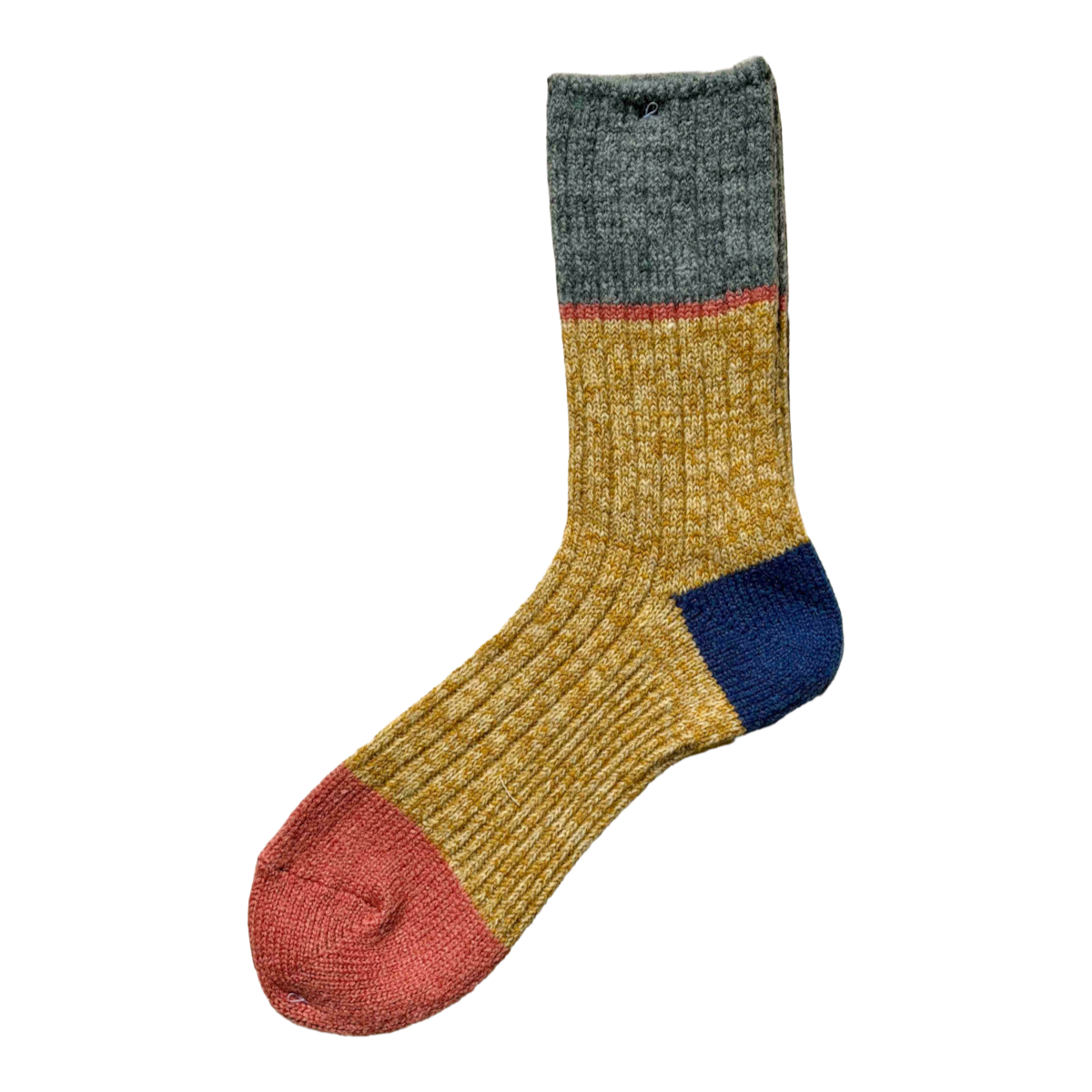 MILWORKS A Hope Hemp thick cotton hemp blend color block socks in yellow, grey, blue, and red, made in Japan.