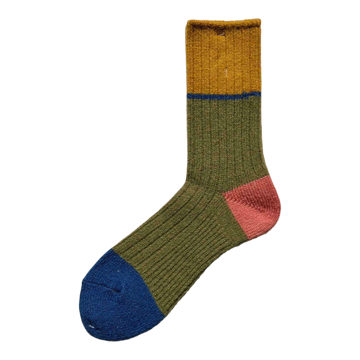 MILWORKS A Hope Hemp thick cotton hemp blend color block socks in green, yellow, blue, and pink, made in Japan.