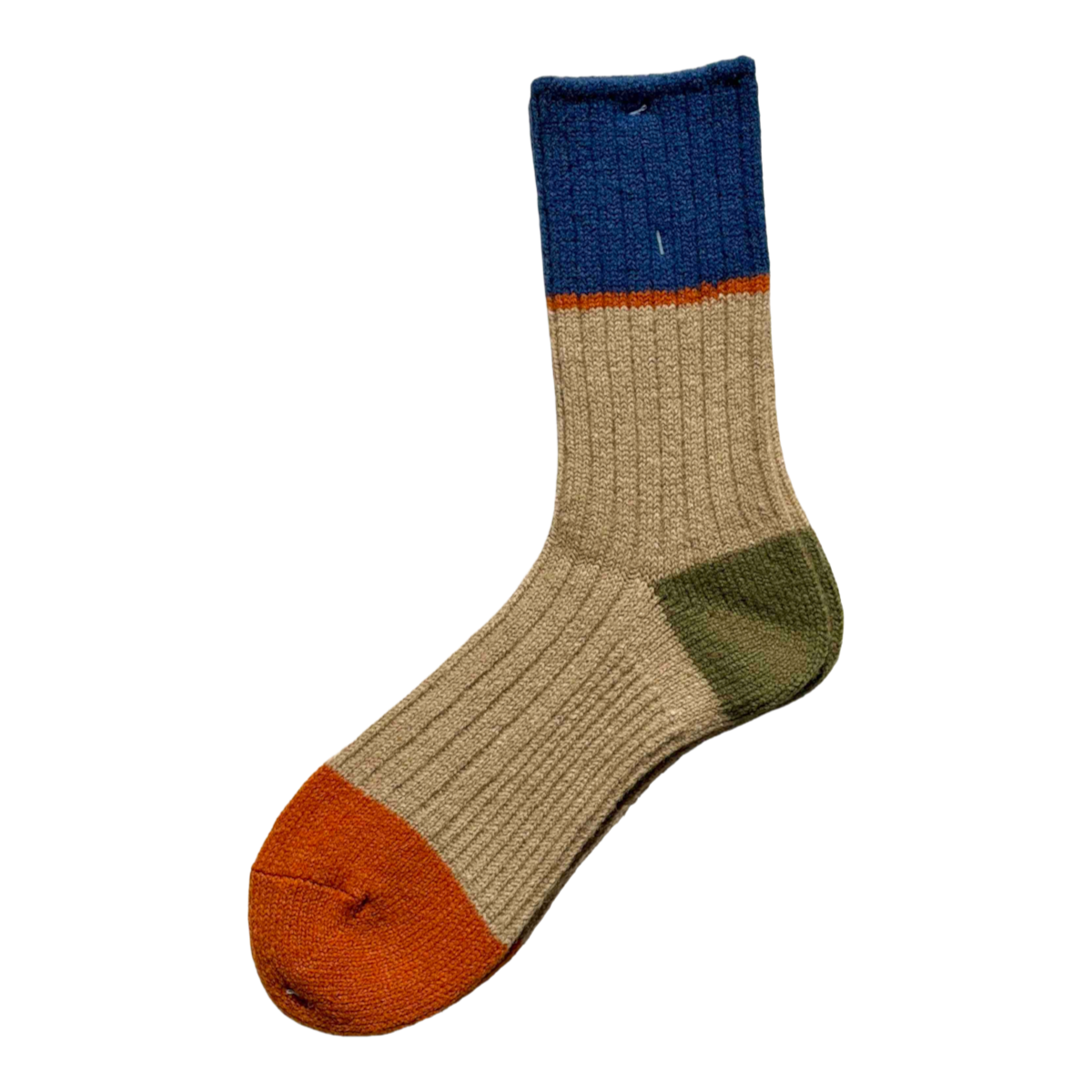 MILWORKS A Hope Hemp thick cotton hemp blend color block socks in khaki, blue, orange, and green.