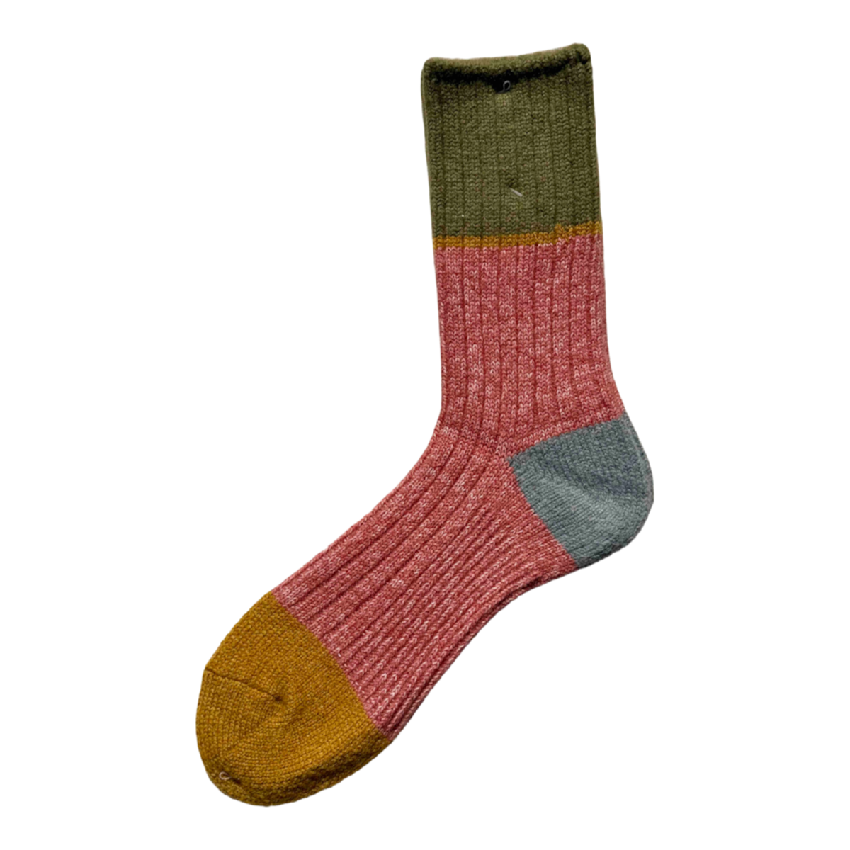 MILWORKS A Hope Hemp thick cotton hemp blend crew socks featuring a pink, olive green, grey, and mustard color block