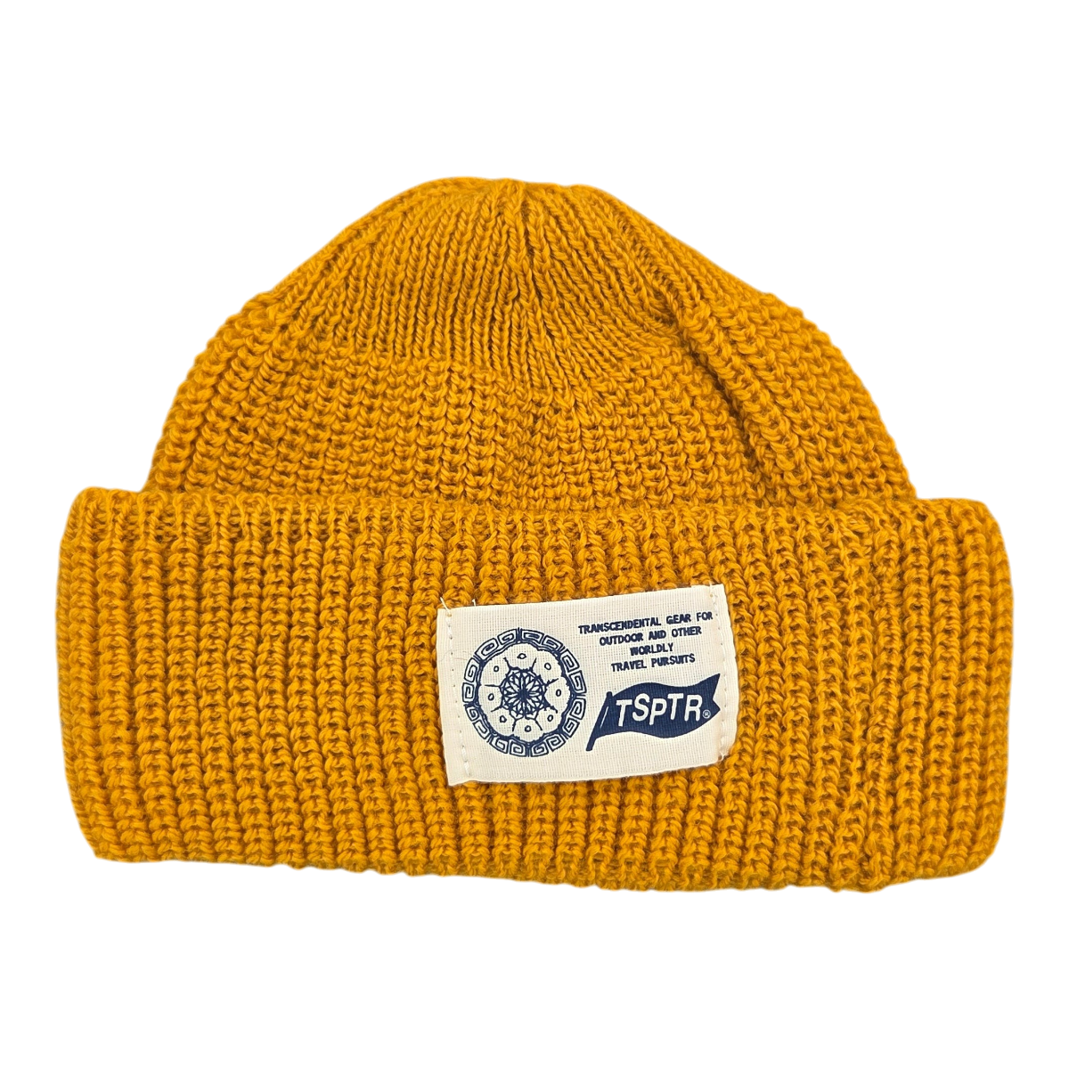 MILWORKS Cosmic Rambler ochre Merino wool knit hat with a chunky folded cuff and a woven TSPTR cactus label.