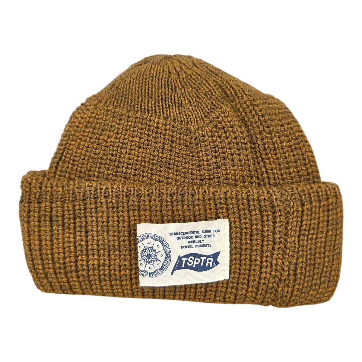 MILWORKS Cosmic Rambler pecan brown 100% Merino wool knit hat with a chunky folded cuff and TSPTR woven label.