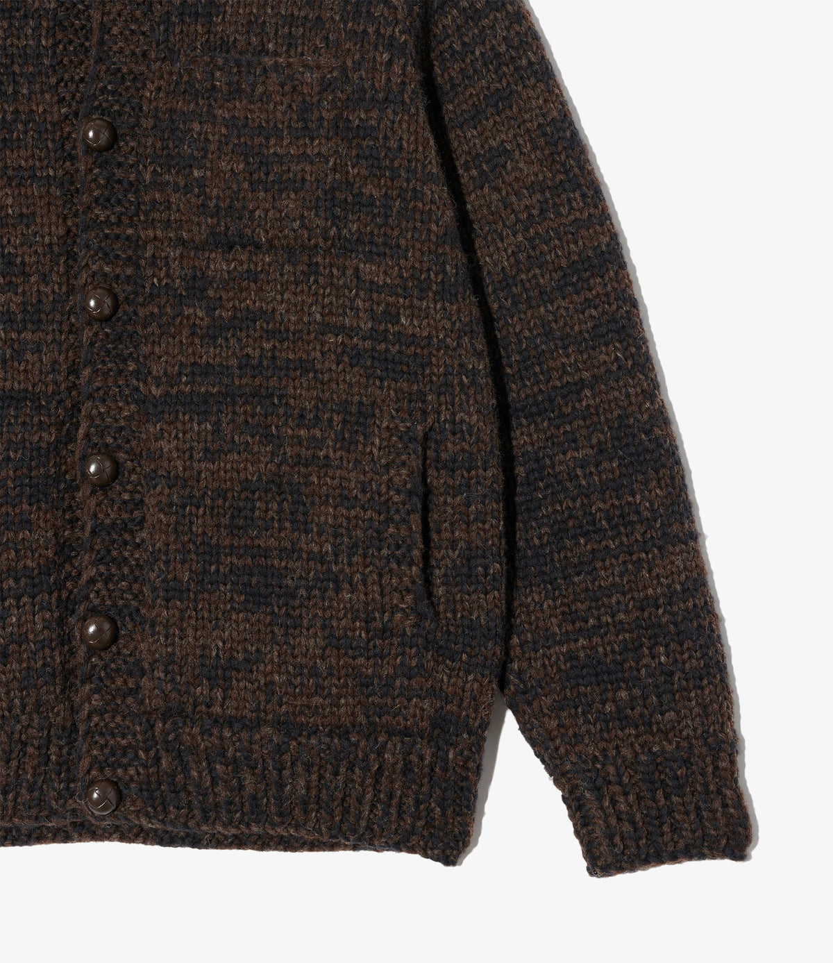 MILWORKS Cowichan sweater in brown melange wool with a loose low-gauge knit, button front, and side pockets.