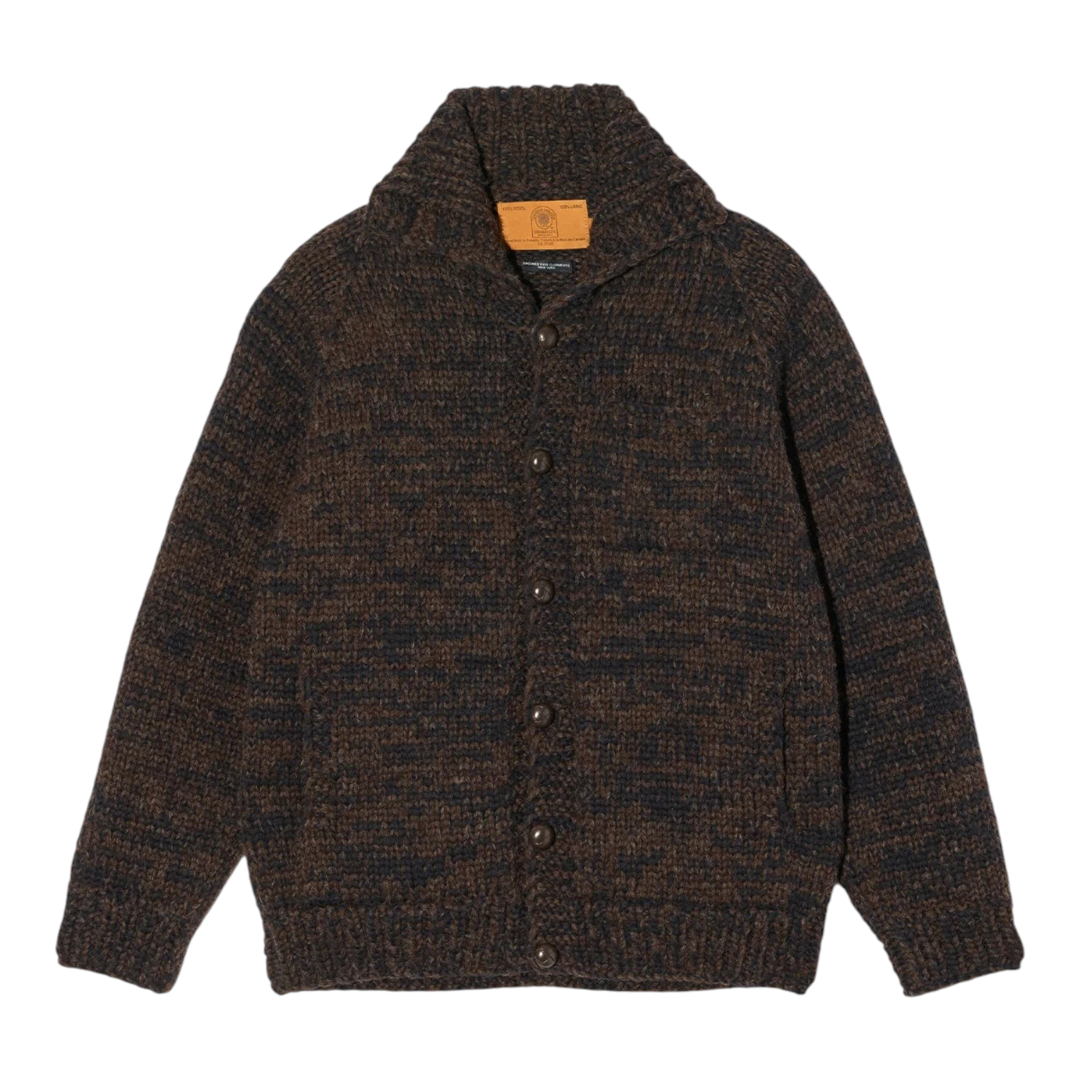 MILWORKS Cowichan sweater in brown melange 100% wool with a shawl collar, button front, and rustic loose knit.