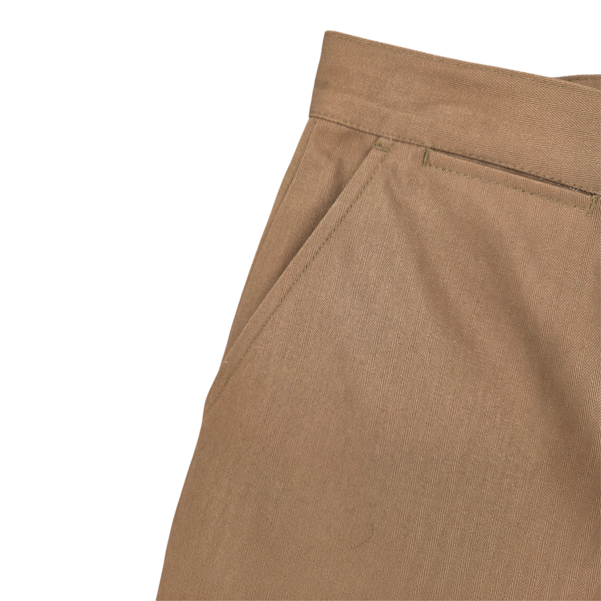 Close-up of MILWORKS 9oz coyote brown herringbone twill work pants showing the durable fabric texture and pocket detail.
