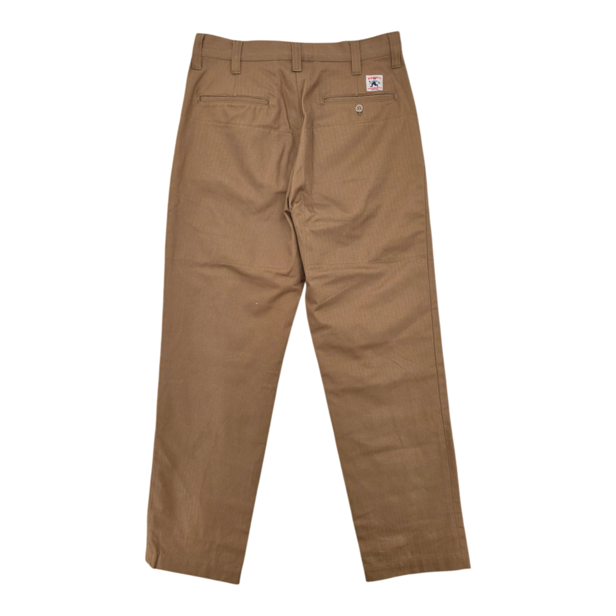 MILWORKS coyote brown 9oz herringbone twill work pants with gusseted construction, back view.